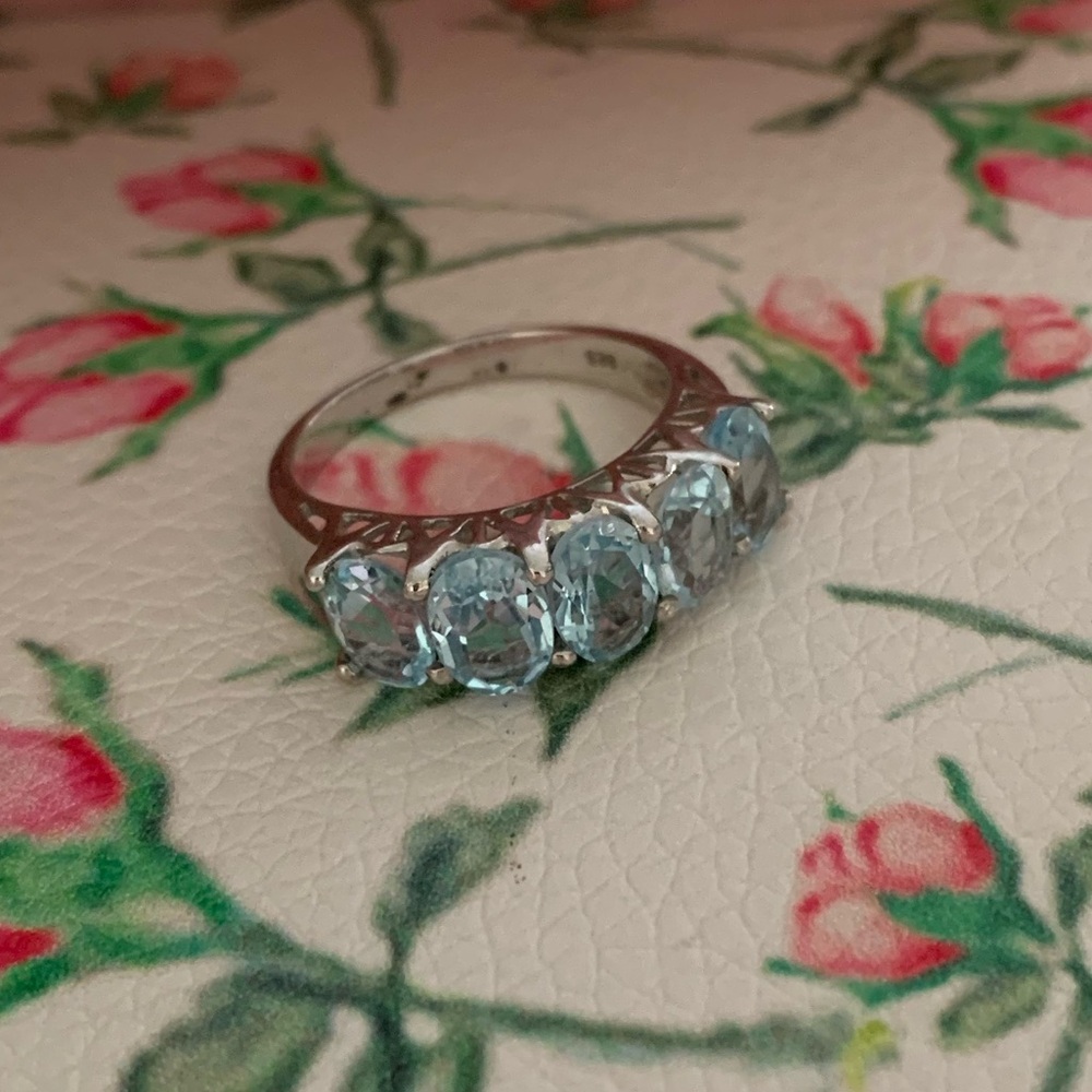 925 Sterling Silver Oval Blue Gemstone Half Eternity Stacker Band Ring Size 8